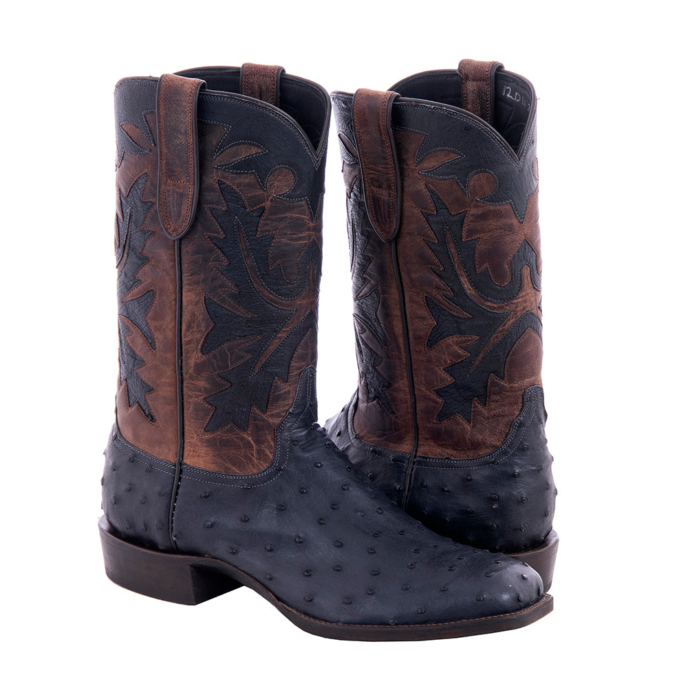 Fern Inlay Men's Cowboy 12-2 Navy CC FQ Ostrich/Canella Goat Fern Inlay Spur Lip