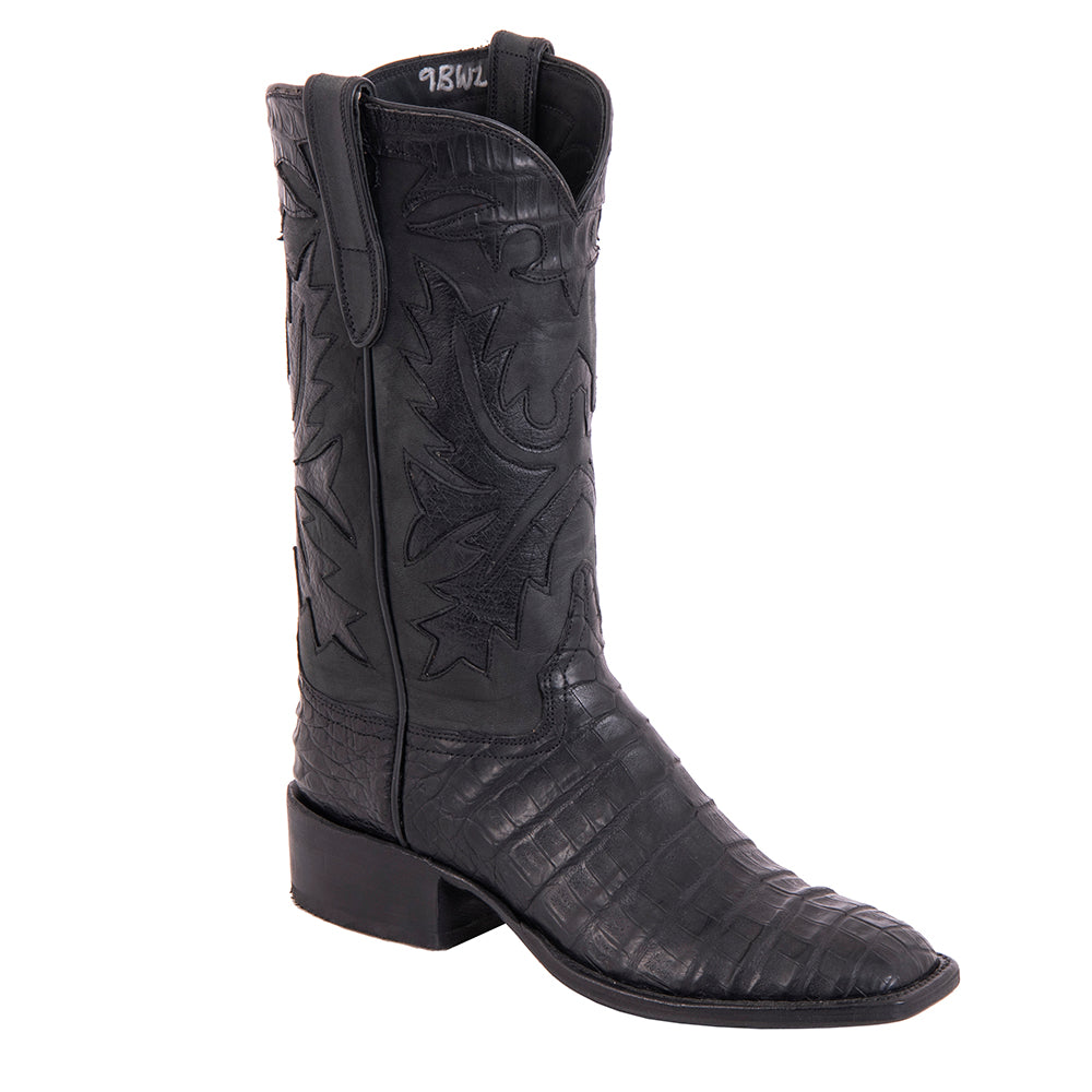 Ladies Cowboy 12-2 Black Caiman Croc Pullup/Black Mad Dog Goat Fern Inlay Spur Lip