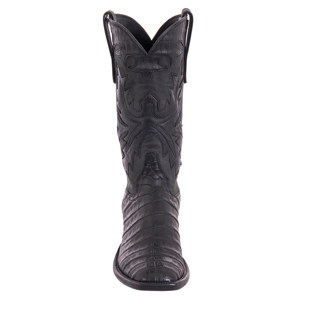 Ladies Cowboy 12-2 Black Caiman Croc Pullup/Black Mad Dog Goat Fern Inlay Spur Lip