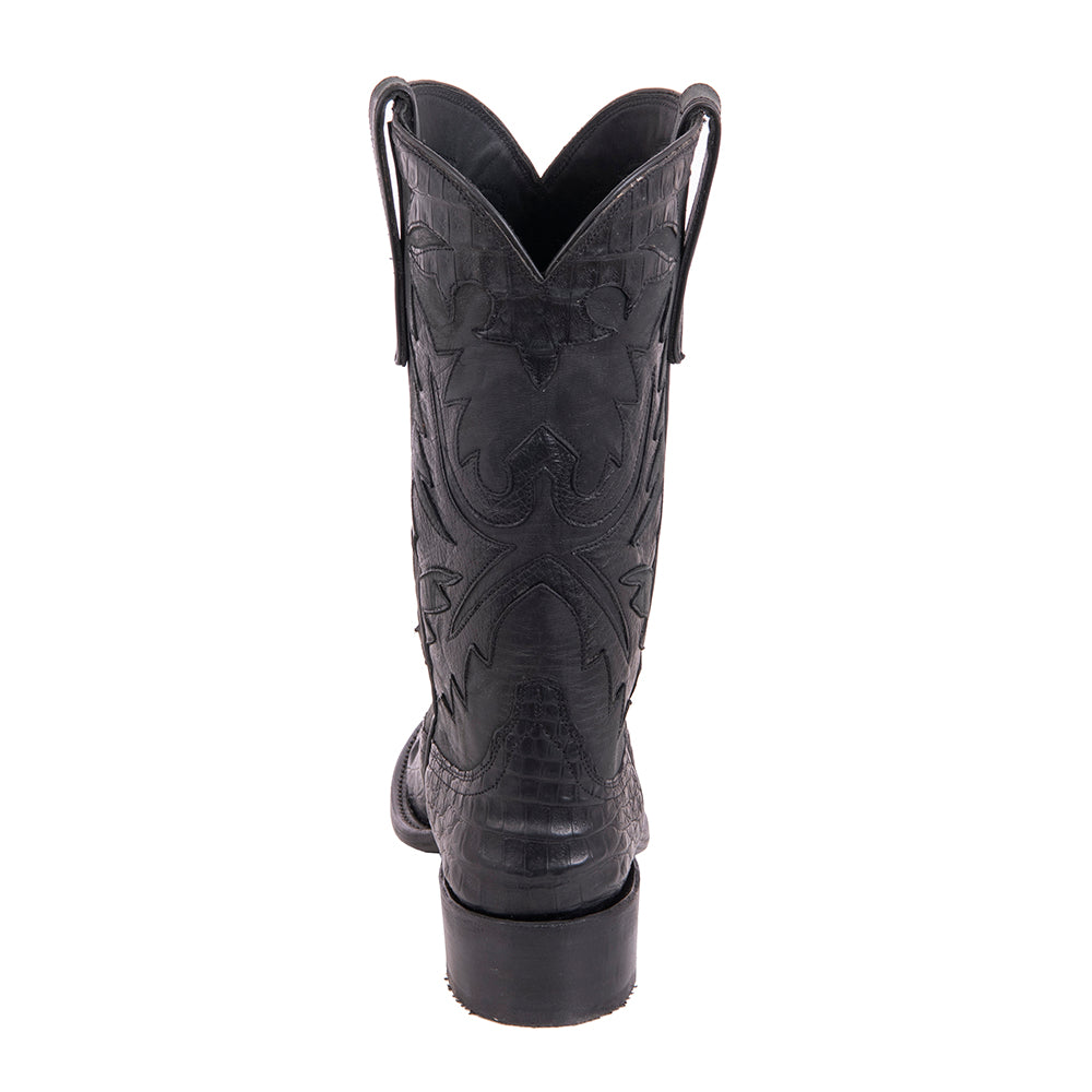 Ladies Cowboy 12-2 Black Caiman Croc Pullup/Black Mad Dog Goat Fern Inlay Spur Lip