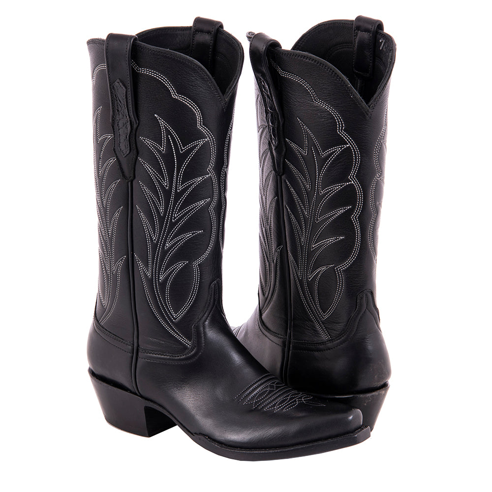 LADIES 13-2 BLACK ANILINE W/LIGHT BLUE WINN STITCH TOE BUG COWBOY BOOT