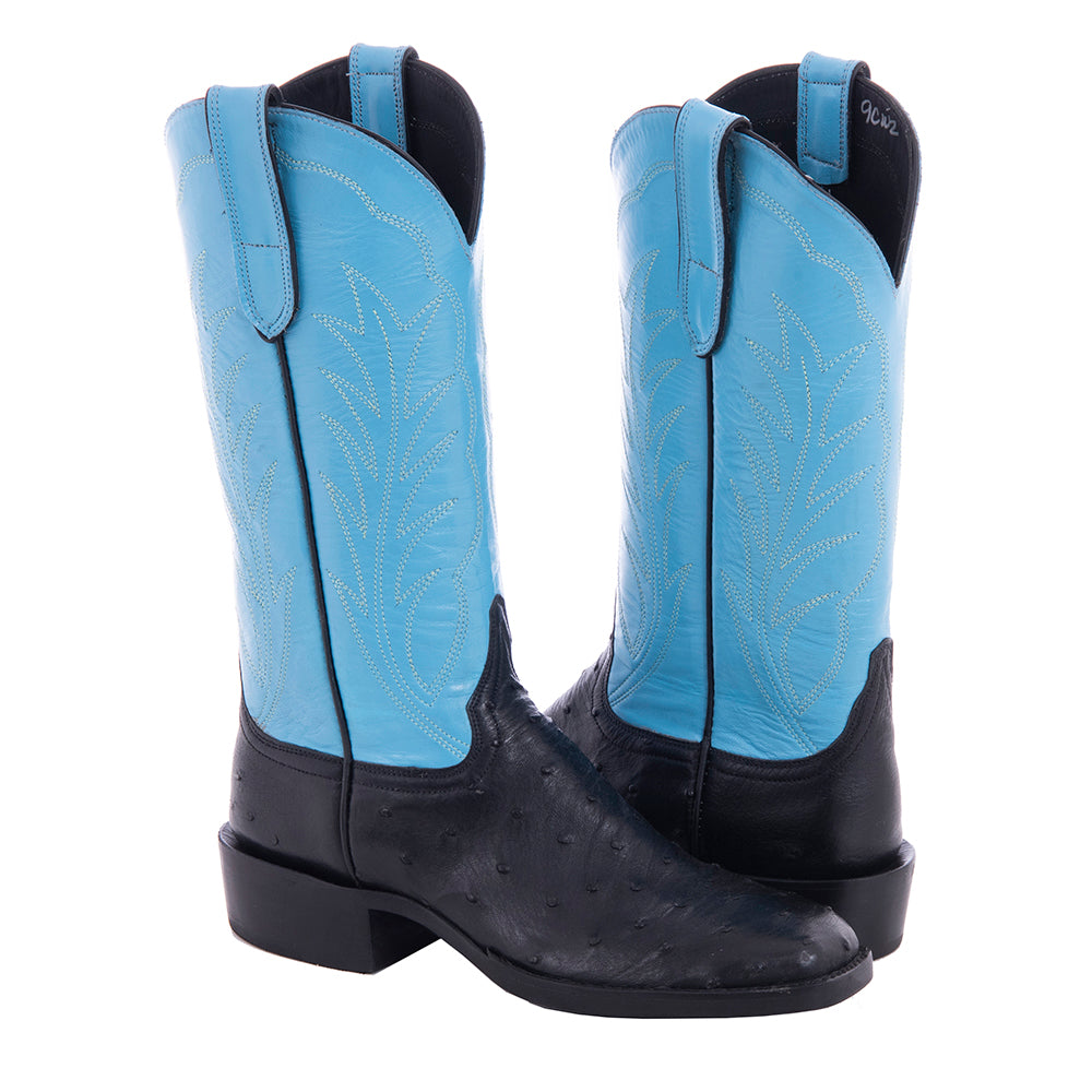 Ladies Black FQ Ostrich Blue Kidskin Top Winn Stitch Cowboy  Boot with Heavy Sole and Spur Lip