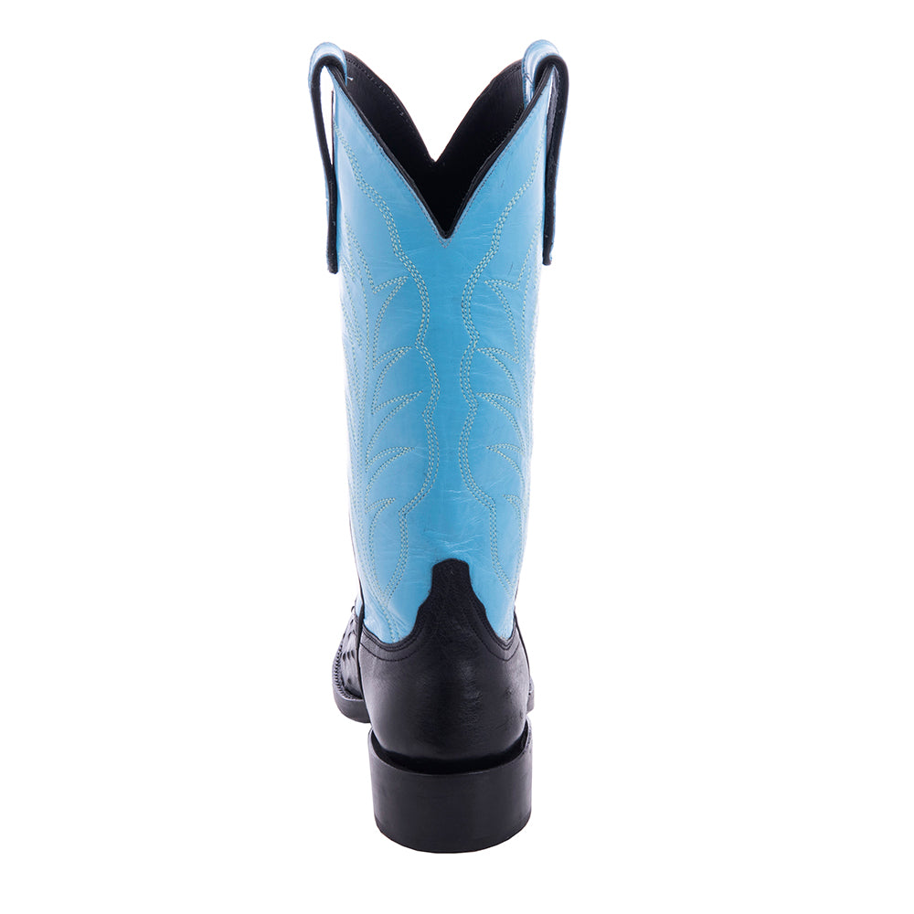 Ladies Black FQ Ostrich Blue Kidskin Top Winn Stitch Cowboy  Boot with Heavy Sole and Spur Lip