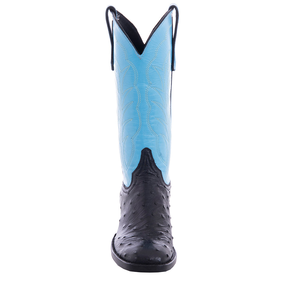 Ladies Black FQ Ostrich Blue Kidskin Top Winn Stitch Cowboy  Boot with Heavy Sole and Spur Lip