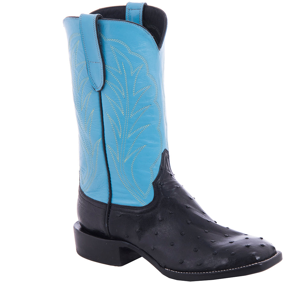 Men's Black FQ Ostrich Blue Kidskin Top Winn Stitch Cowboy  Boot with Heavy Sole and Spur Lip