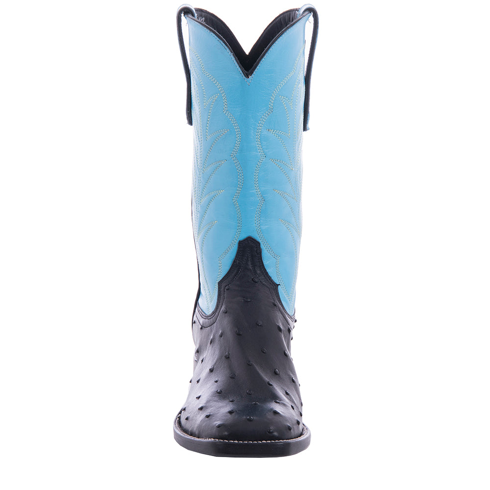 Men's Black FQ Ostrich Blue Kidskin Top Winn Stitch Cowboy  Boot with Heavy Sole and Spur Lip