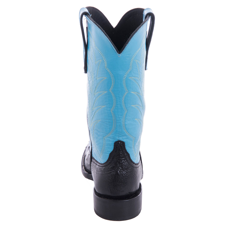 Men's Black FQ Ostrich Blue Kidskin Top Winn Stitch Cowboy  Boot with Heavy Sole and Spur Lip