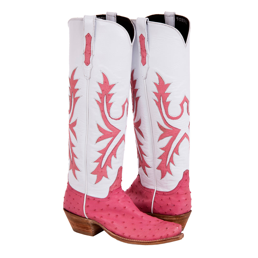Ladies 17" Cowboy Pink FQ Ostrich/ White Kidskin w/ Old Nugget Pink Smooth Ost Inlay