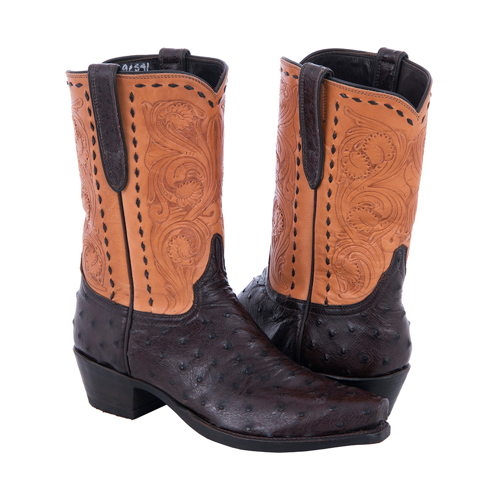 Ladies Cowboy 10" Nicotine FQ Ostrich Natural Tooled Top Half Buckstitch
