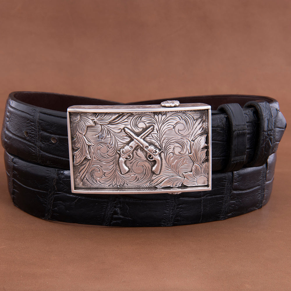 SST BOXCREEK WESTERN BUCKLE WITH CROSS PISTOLS AND FLORAL CORNER OVERLAYS