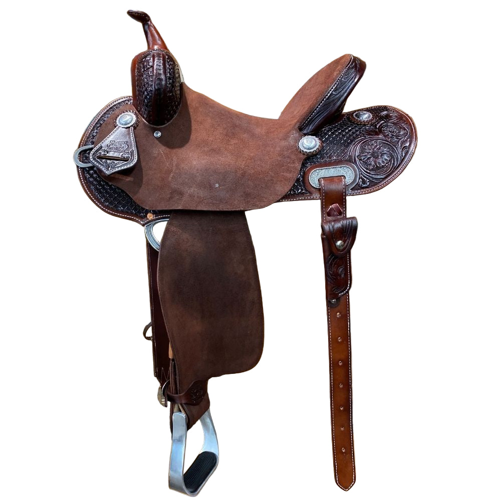 Barrel Saddle – Chocolate Leather, Smooth/Roughout, Round Skirt, 1/2 Waffle Tooling with MW Floral