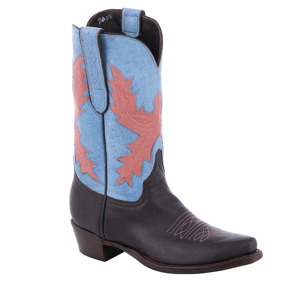 Ladies 11" Chocolate Aniline Indigo Smooth Ostrich Upper Pink Fern Inlay Toe Bug Cowboy Boot