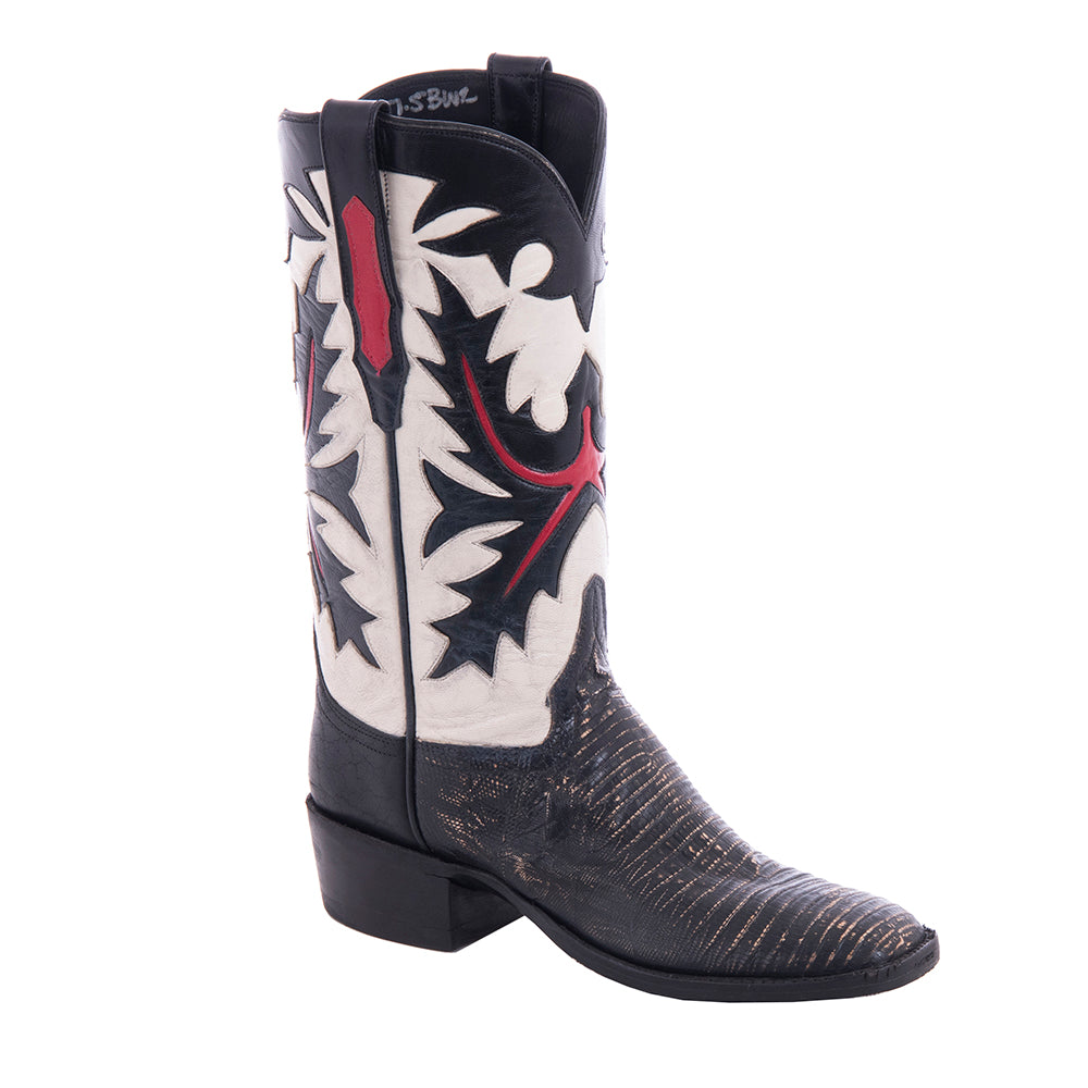 Ladies OW Tan Lizard/BLK BSN/Vintage Bone Kidskin Fern Inlay Spur lip