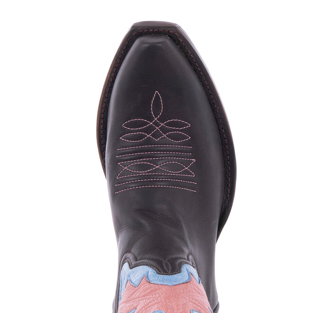 Ladies 11" Chocolate Aniline Indigo Smooth Ostrich Upper Pink Fern Inlay Toe Bug Cowboy Boot