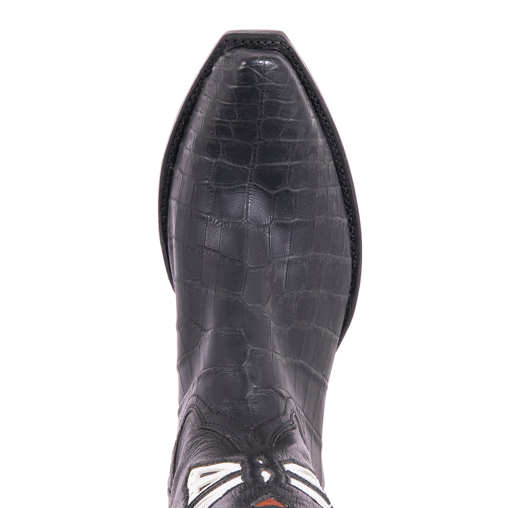 Ladies 12" Premium Black Alligator White Butterfly Inlay Stitched Cowboy Boot