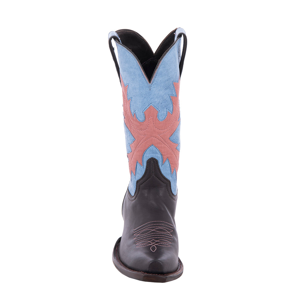 Ladies 11" Chocolate Aniline Indigo Smooth Ostrich Upper Pink Fern Inlay Toe Bug Cowboy Boot