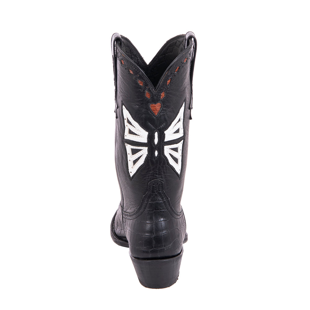Ladies 12" Premium Black Alligator White Butterfly Inlay Stitched Cowboy Boot