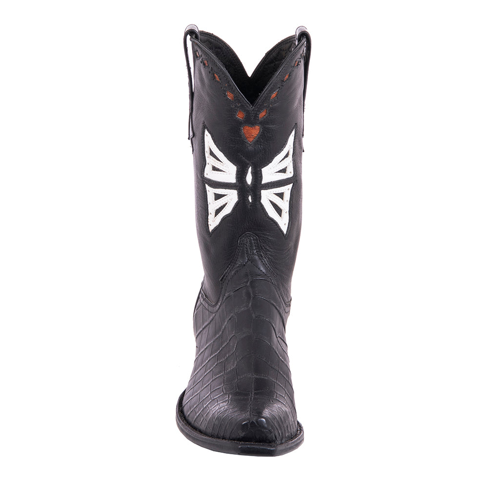 Ladies 12" Premium Black Alligator White Butterfly Inlay Stitched Cowboy Boot