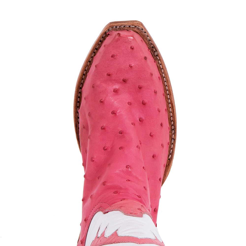 Ladies 17" Cowboy Pink FQ Ostrich/ White Kidskin w/ Old Nugget Pink Smooth Ost Inlay