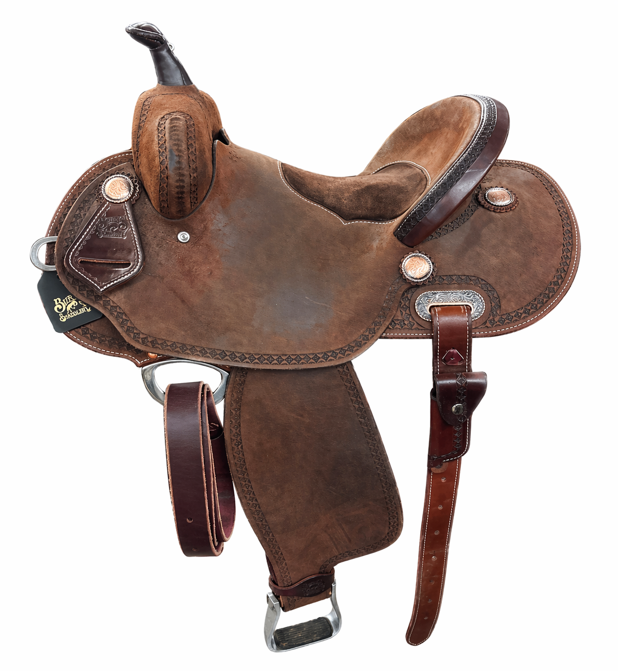 Chocolate Roughout Barrel Saddle- Round Skirts, Celtic Border, Chocolate Suede Inlay