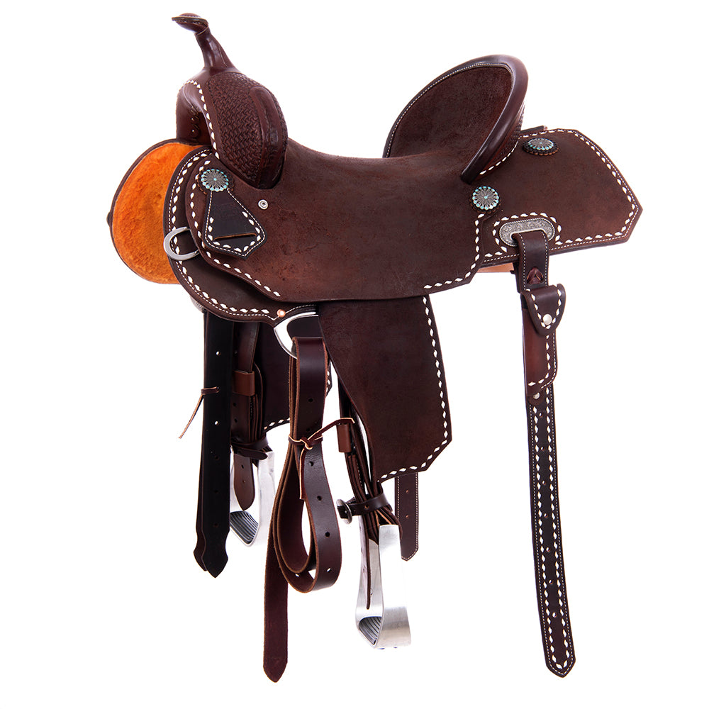 Chocolate SO/RO Barrel Saddle - Notched - Full White Buckstitch 1/8 Axe Tooled - Standard Binding