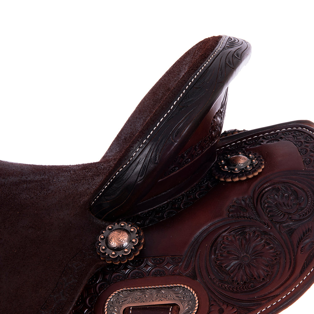 1/2 Chocolate Smooth and Roughout Barrel Saddle- Round Skirts, 1/2 Wyo Floral Corner, Deeter Border, Cheyenne Binding