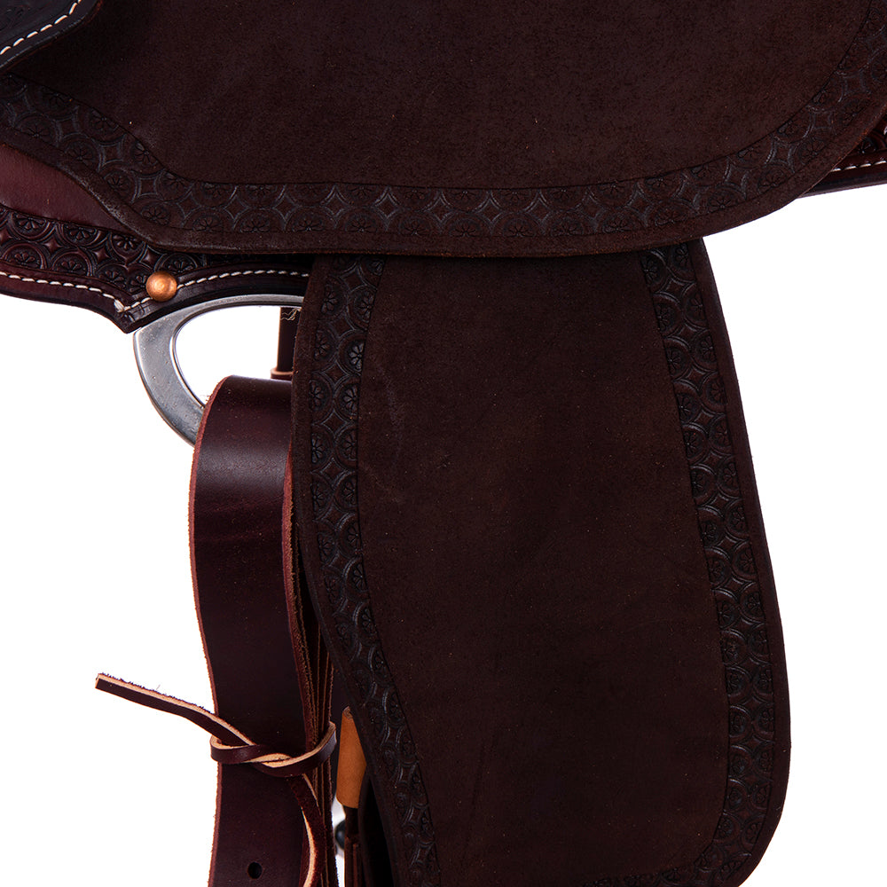 Burns Chocolate SO/RO Barrel Saddle- Round- 1/2 Wyo FC- Deeter Border- Standard Binding