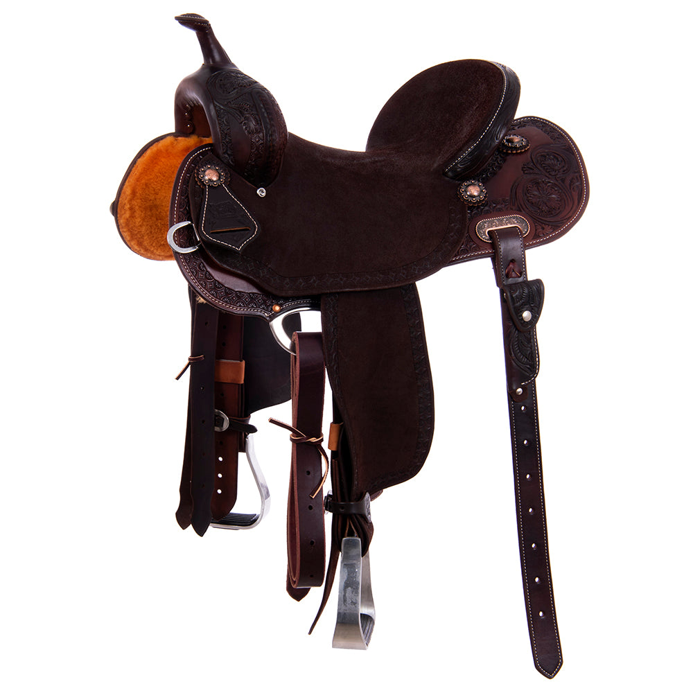 1/2 Chocolate Smooth and Roughout Barrel Saddle- Round Skirts, 1/2 Wyo Floral Corner, Deeter Border, Cheyenne Binding