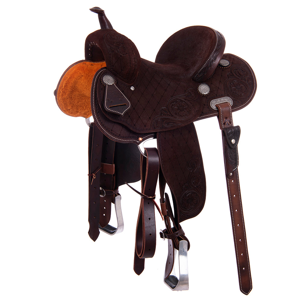 Burns Chocolate RO Barrel Saddle- Round- Full Quilt/MW Flower