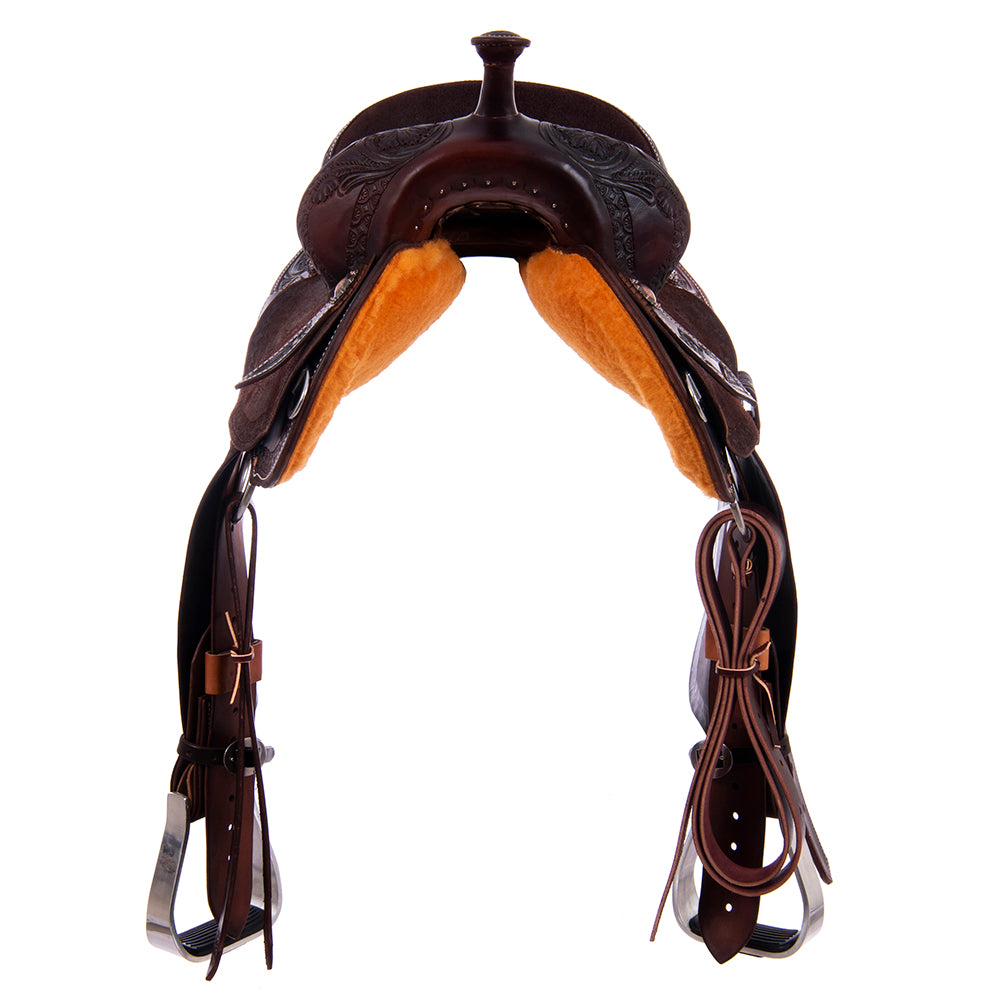 Burns Chocolate SO/RO Barrel Saddle- Round- 1/2 Wyo FC- Deeter Border- Standard Binding