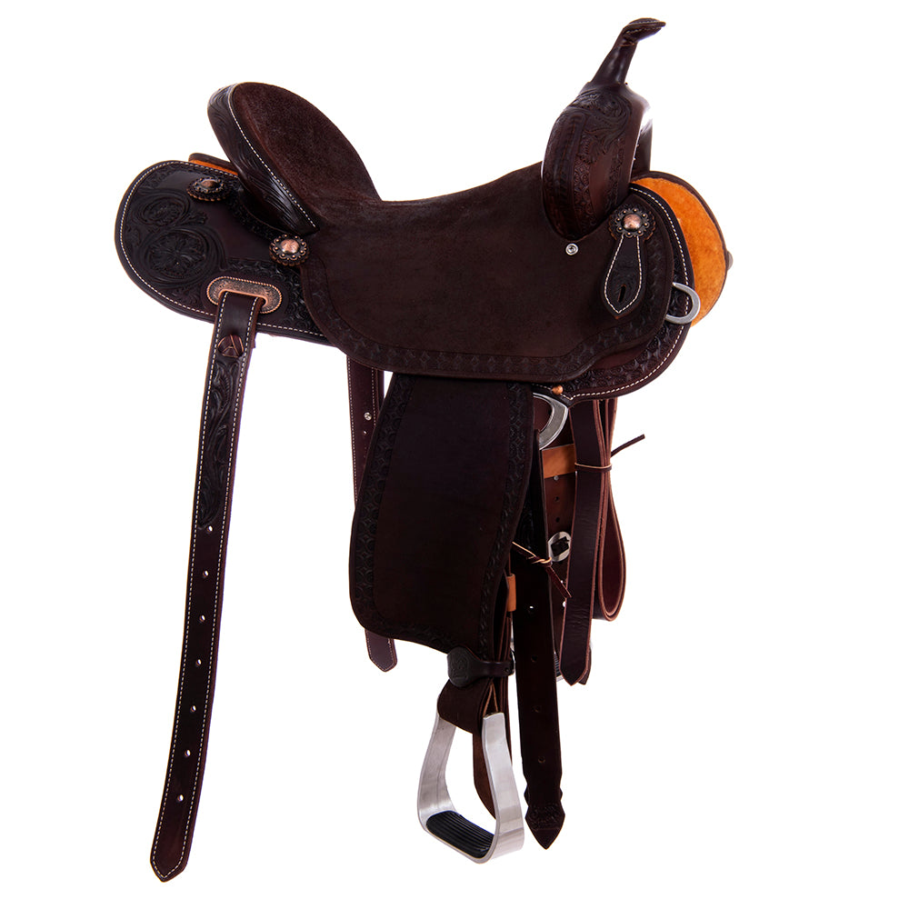 1/2 Chocolate Smooth and Roughout Barrel Saddle- Round Skirts, 1/2 Wyo Floral Corner, Deeter Border, Cheyenne Binding