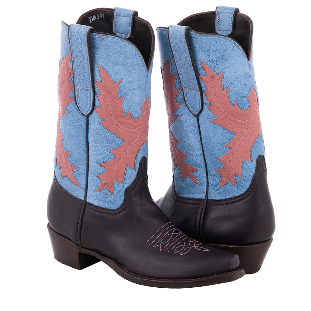 Ladies 11" Chocolate Aniline Indigo Smooth Ostrich Upper Pink Fern Inlay Toe Bug Cowboy Boot