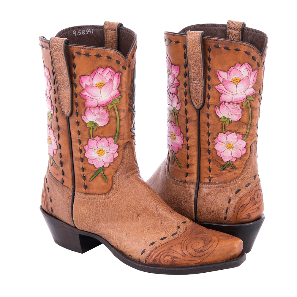 Ladies 10" Cowboy Brandy Smooth Ostrich Antique Brown Full Floral Tooled Upper Full Buckstitch