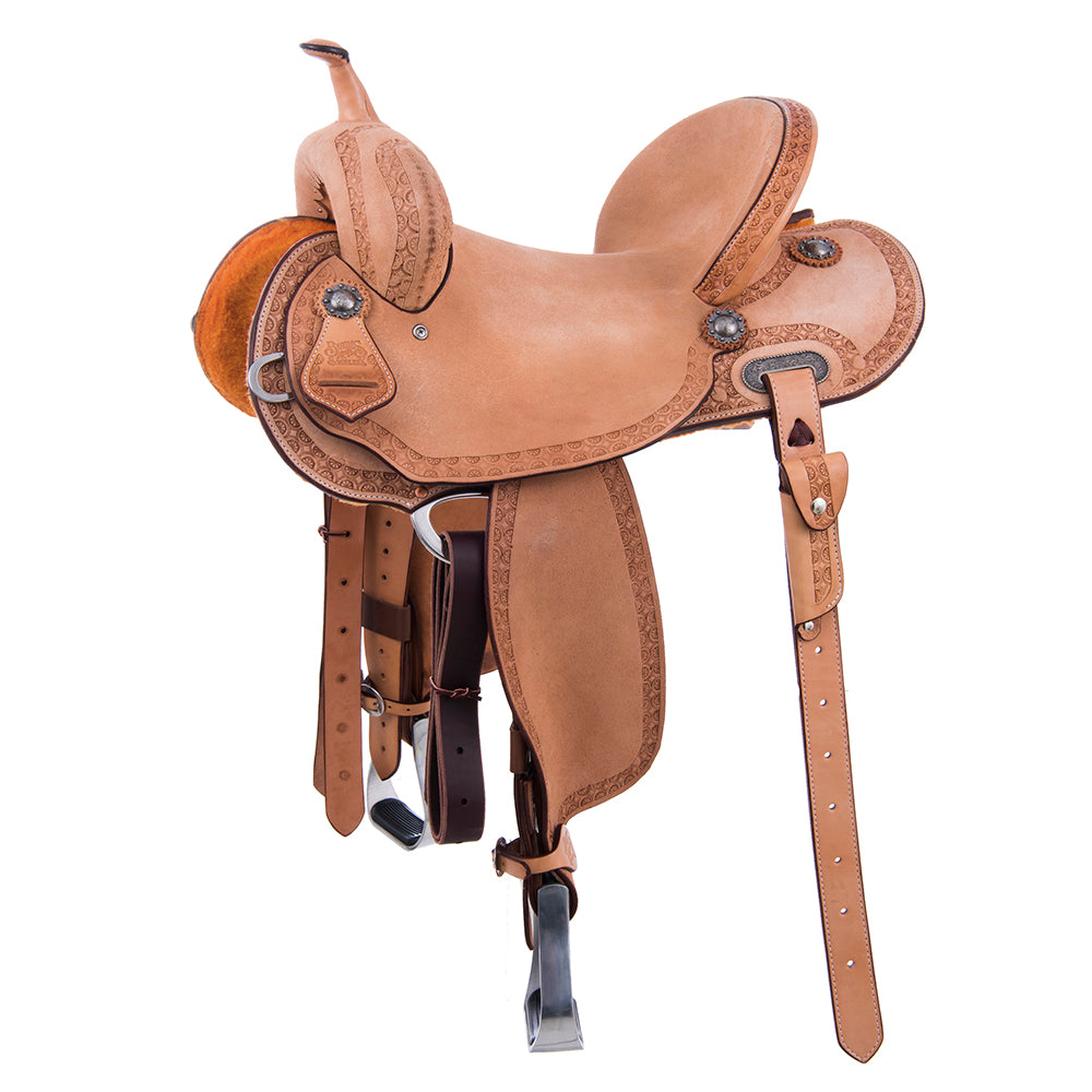 Russet Roughout Barrel Saddle- Round Skirts, Deeter Border, Cheyenne, Hard Seat