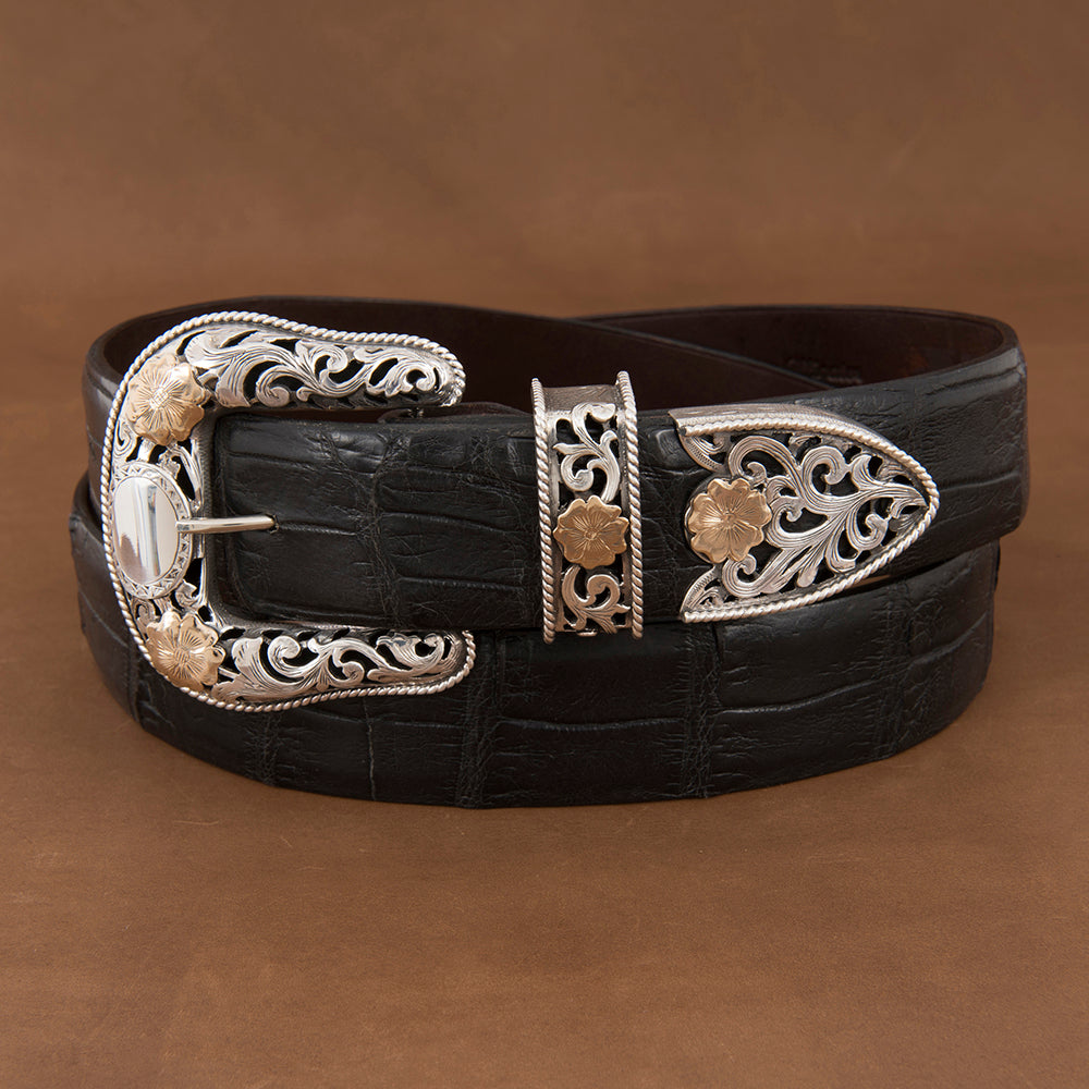 3 PC FILIGREE BUCKLE SET W/ GOLD FLOWERS