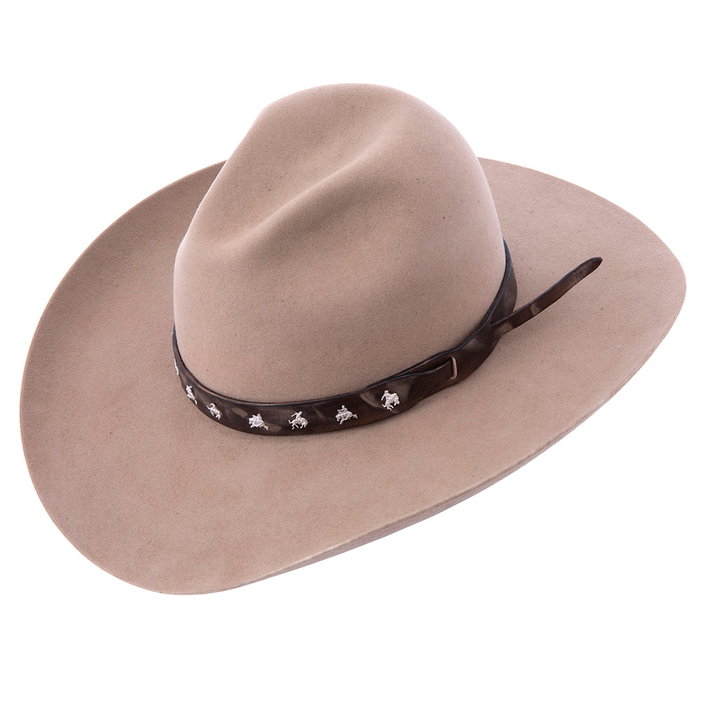 BROWN WEATHERED LEATHER HAT PIN SLINGSHOT HAT BAND WITH BRONC PINS