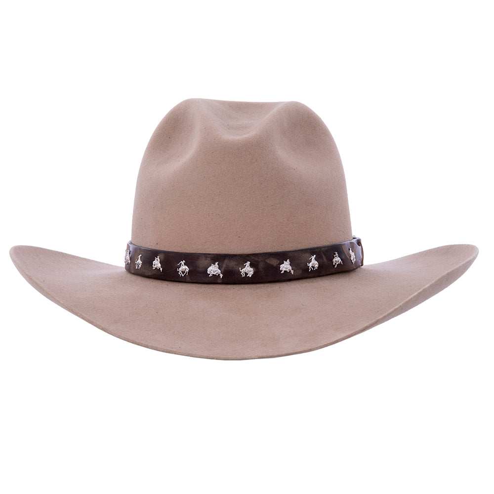 BROWN WEATHERED LEATHER HAT PIN SLINGSHOT HAT BAND WITH BRONC PINS