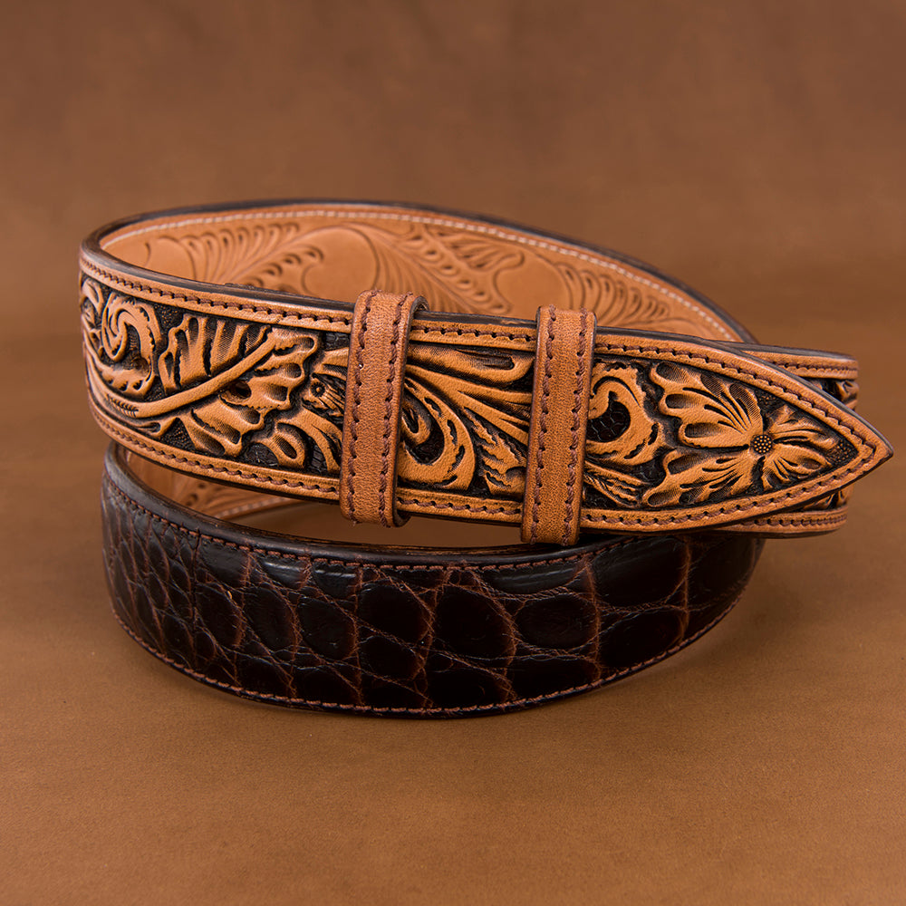 1 1/2" AMERICAN ALLIGATOR CHOCOLATE BELT W/ANTIQUE BROWN BILLETS
