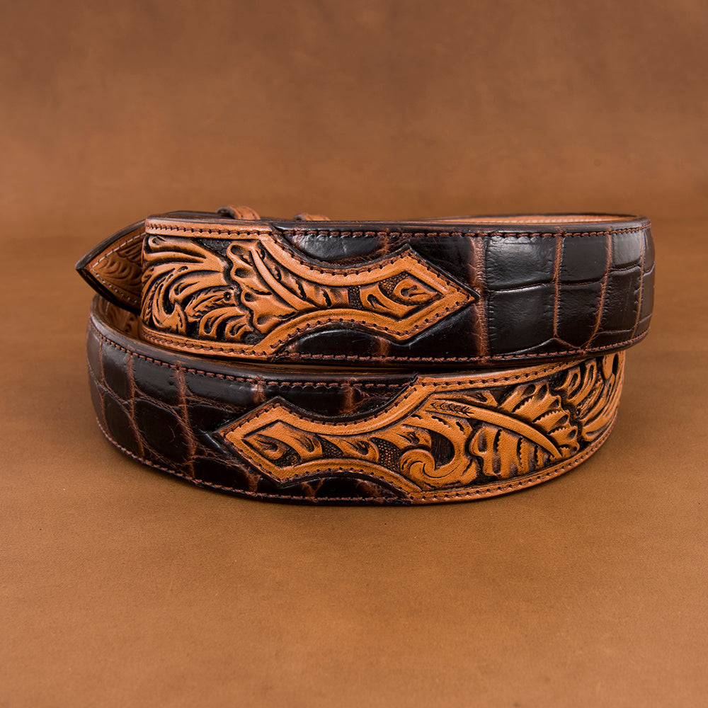 1 1/2" AMERICAN ALLIGATOR CHOCOLATE BELT W/ANTIQUE BROWN BILLETS